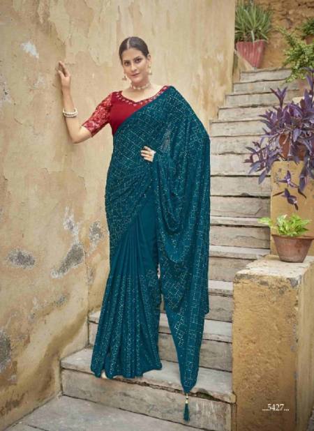 Teal Blue Colour Cocktail Vol 3 Shubhkala New Latest Designer Ethnic Wear Chinon Saree Collection 5427